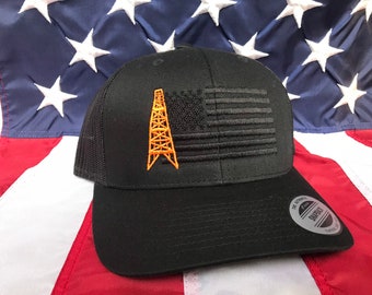 Any colors, orange oilfield blacked out flag embroidered hat, oil rig baseball cap, oil, roughneck hat, custom baseball cap