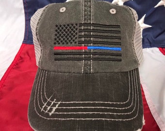 Thin red line and blue line Fire fighter American flag, distressed trucker hat, fire cap, Firefighter's wife embroidered red blue line