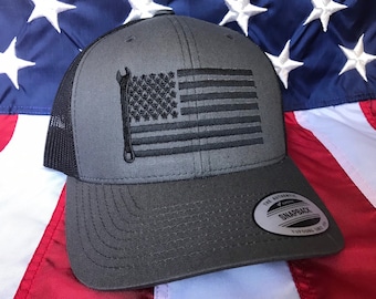 Any colors, all black mechanic flag embroidered hat, mechanic baseball cap, wrench, custom baseball cap, dark grey mechanic hat