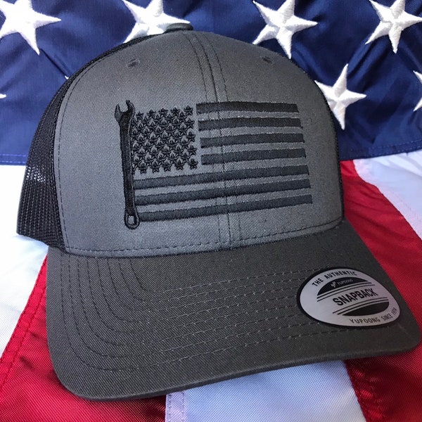 Any colors, all black mechanic flag embroidered hat, mechanic baseball cap, wrench, custom baseball cap, dark grey mechanic hat