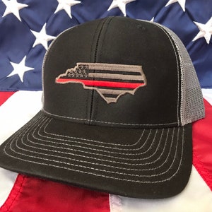 Thin red line charcoal american flag state of NC fire fighter embroidered cap, firefighter hat, north carolina fire fighter, thin blue line