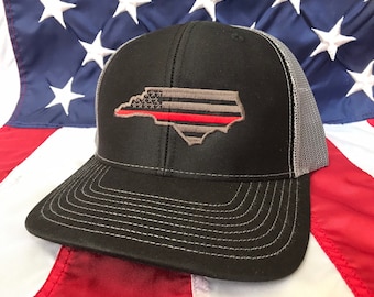 Thin red line charcoal american flag state of NC fire fighter embroidered cap, firefighter hat, north carolina fire fighter, thin blue line