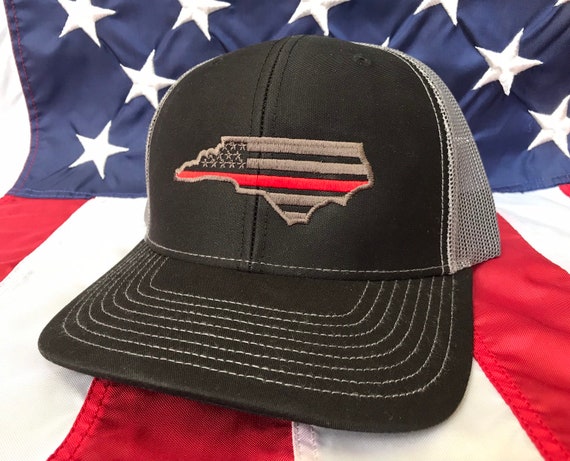 Thin red line charcoal american flag state of NC fire fighter embroidered cap, firefighter hat, north carolina fire fighter, thin blue line