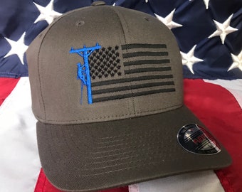 Any colors, Lineman flag embroidered hat, lineman baseball cap, lineman, custom baseball cap, dark grey blue lineman hat