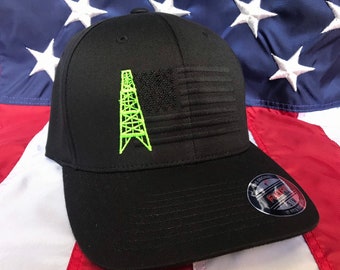 Any colors, lime green oilfield blacked out flag embroidered hat, oil rig baseball cap, oil, roughneck hat, custom baseball cap