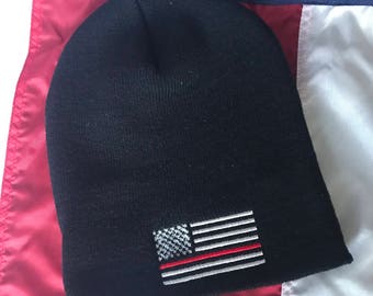Thin red line american flag beanie, firefighter skull cap, black beanie, flag beanie, fire station flag beanie hat
