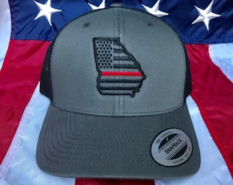 Thin red line american flag state of Ga fire fighter embroidered cap, firefighter hat, Georgia fire fighter, thin blue line state of Ga