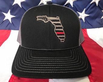 Thin red line American flag state of Florida fire fighter embroidered cap, firefighter hat, Florida fire fighter, thin blue line, Florida