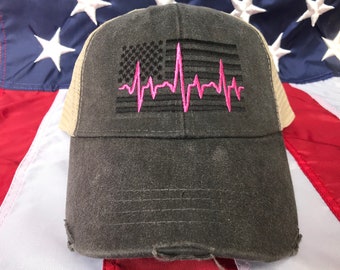 Any colors, Nurse American flag, ladies heart rhythm trucker hat, nurse appreciation embroidered hat, ekg flag hat, nurse gift