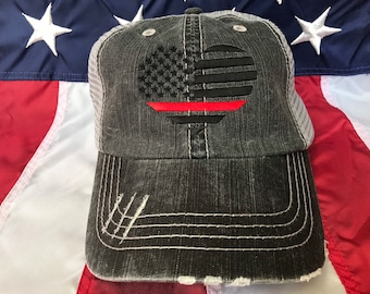 Thin red line American flag heart, Fire Wife distressed trucker hat, fire cap, Firefighter's wife embroidered red line distressed