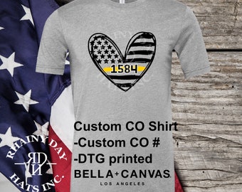 Free personalization, Custom Thin Gold Line Heart Flag with CO number shirt, communications officer shirt, 911 dispatcher
