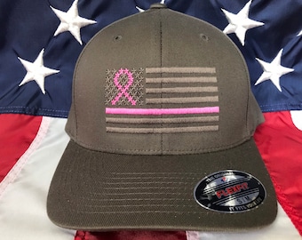 Free personalization, Thin pink line dark grey American flag hat, breast cancer awareness hat cap, breast cancer ribbon embroidered hat