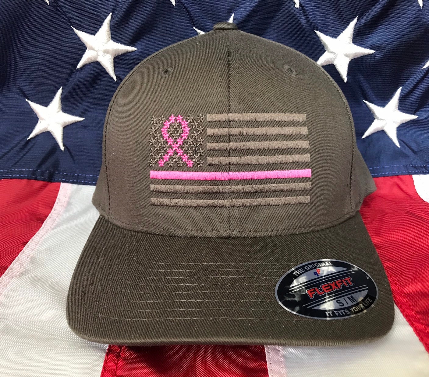 Free personalization, Thin pink line dark grey American flag hat
