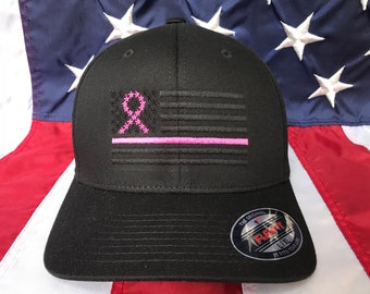 Free personalization, Thin pink line blacked out American flag hat, breast cancer awareness hat cap, breast cancer ribbon embroidered hat