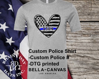 Free personalization, Custom Thin Blue Line Heart Flag with police number shirt, police Wife shirt, police Mom shirt, policeman’s wife