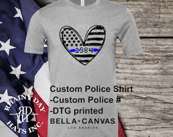 Free personalization, Custom Thin Blue Line Heart Flag with police number shirt, police Wife shirt, police Mom shirt, policeman’s wife