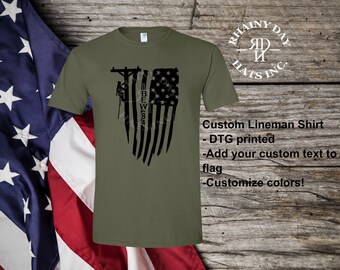 Lineman American flag printed shirt, Custom Lineman shirt, military green lineman shirt, Lineman gift, Lineman t-shirt