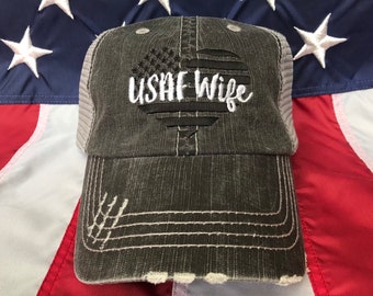 USAF Wife flag heart, air force wife distressed trucker hat, military wife embroidered trucker