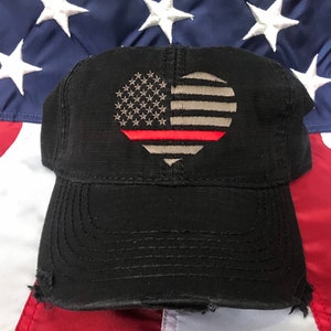 Thin red line American flag heart, Fire Wife distressed hat, fire cap, Firefighter&#39;s wife embroidered red line distressed