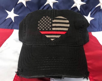 Thin red line American flag heart, Fire Wife distressed hat, fire cap, Firefighter's wife embroidered red line distressed