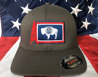 Wyoming oilfield flag embroidered hat, oil rig baseball cap, roughneck hat, custom baseball cap, dark grey oil hat