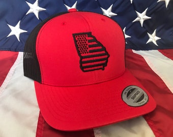 American flag state of Ga embroidered cap, Georgia flag hat, red and black trucker hat