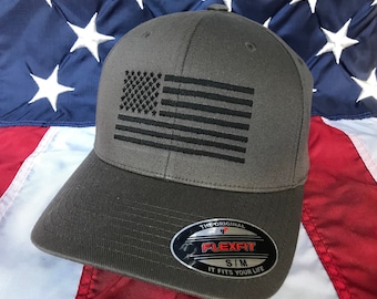 Any colors, Free personalization, black American flag dark grey hat, fire cap, flag baseball cap, fitted cap, dark grey flex fit hat, flag