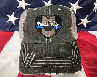 Thin blue line Canadian flag heart, Police Wife distressed trucker hat, police cap, Policeman's wife embroidered blue line trucker