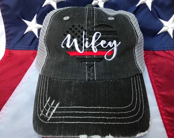 Thin red line Wifey American flag heart, Fire Wife distressed trucker hat, fire cap, Firefighter's wife embroidered red line distressed