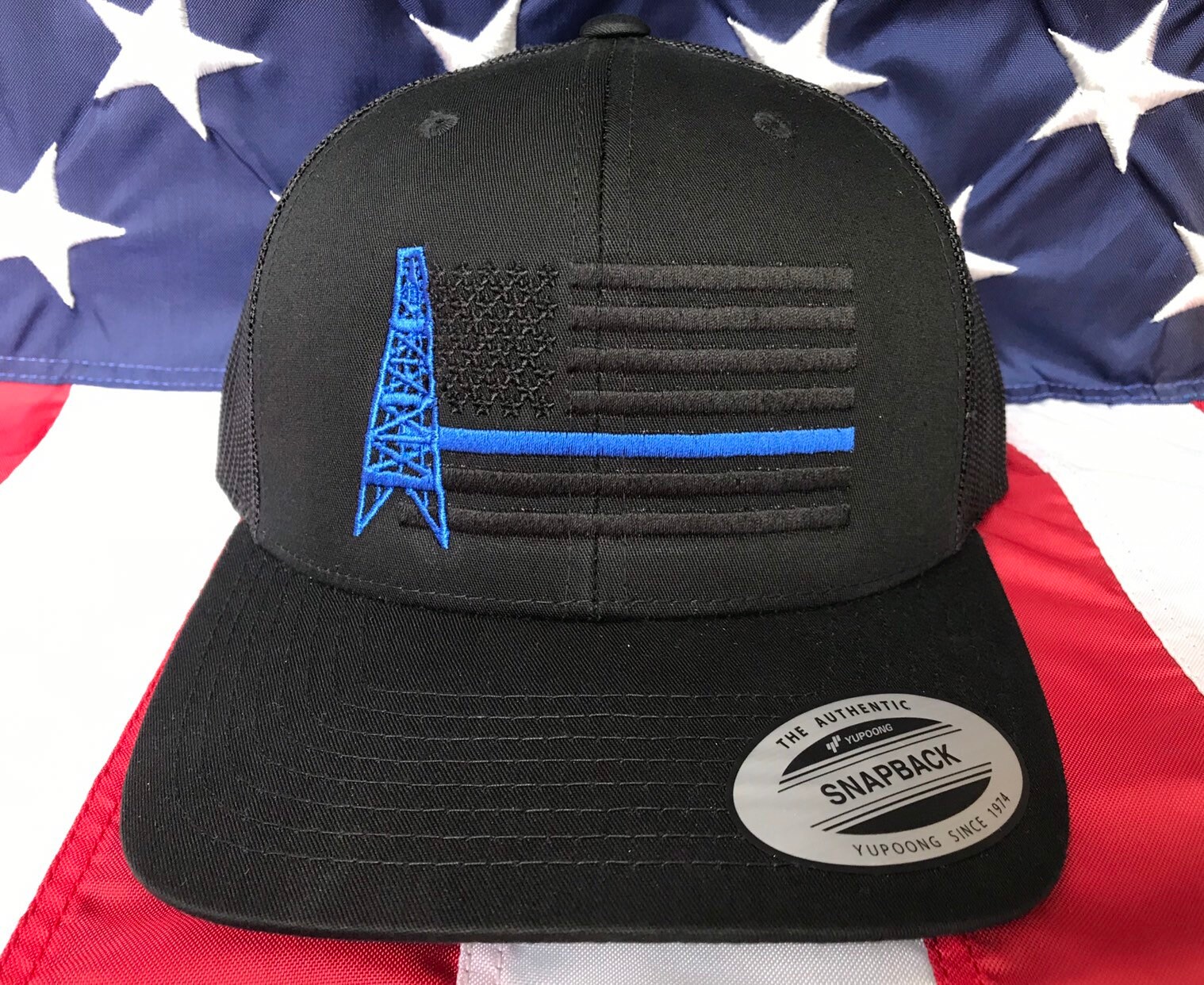 Thin blue line oilfield blacked out flag embroidered hat, oil rig