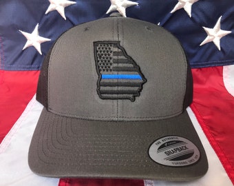 Thin blue line american flag state of Ga police officer embroidered cap, police hat, Georgia police officer thin blue line state of Ga