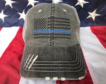 Thin blue line Police Officer American flag, Police Wife distressed trucker hat, police cap, police wife embroidered blue line distressed