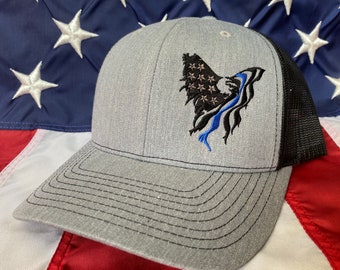 Eagle American flag thin blue line embroidered hat, Richardson snapback hat, patriotic hat, America, American flag hat