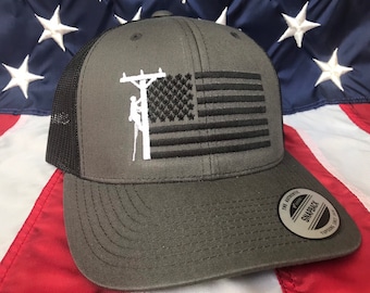 Any colors, Lineman flag embroidered hat, lineman baseball cap, lineman, custom baseball cap, dark grey lineman hat