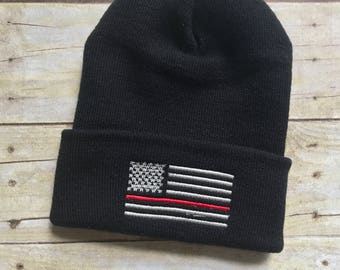 Thin red line flag beanie, firefighter skull cap, navy or black, cuff or no cuff beanie, fire station flag beanie hat