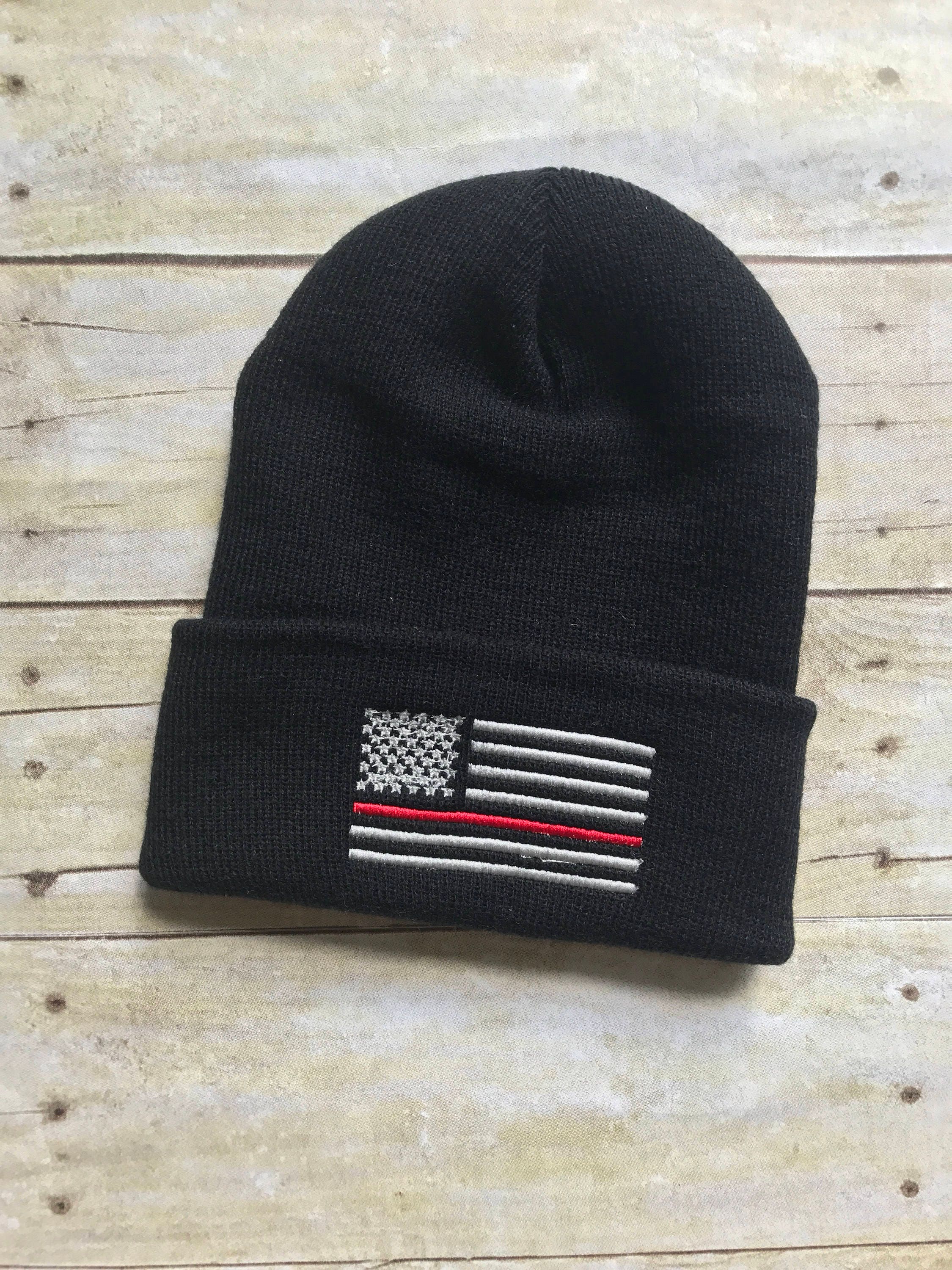 Thin red line flag beanie, firefighter skull cap, navy or black, cuff