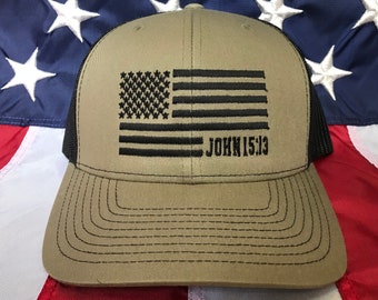 John 15:13 American Flag hat, Loden green Richardson hat, Greater love has no one than this, that he lay down his life for his friends