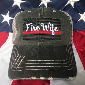 Thin red line Fire Wife American flag, Fire Wife distressed trucker hat, fire cap, Firefighter's wife embroidered red line distressed hat