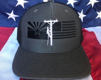 Any colors Lineman Arizona flag, American flag embroidered hat, AZ distribution lineman flag hat, lineman baseball cap