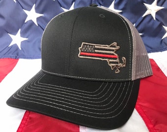 Thin red line charcoal american flag state of MA fire fighter embroidered cap, firefighter hat, Massachusetts fire fighter, thin blue line