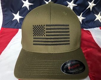 Free personalization, black American flag Olive green hat, fire cap, flag baseball cap, fitted cap, olive green flex fit hat