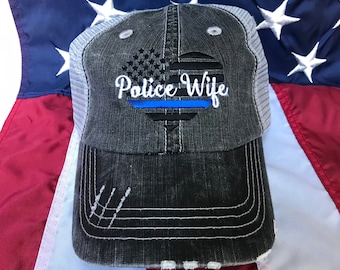 Thin blue line Police Wife American flag heart, Police Wife distressed trucker hat, police cap, Policeman's wife embroidered hat