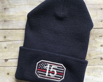 Thin red line passport flag beanie, firefighter skull cap, navy or black, cuff or no cuff beanie, fire station flag beanie hat
