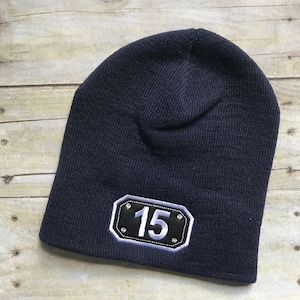Passport shield station beanie, firefighter skull cap, navy or black, cuff or no cuff beanie, fire station beanie hat
