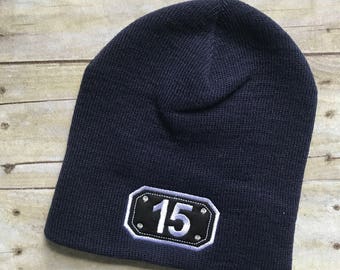 Passport shield station beanie, firefighter skull cap, navy or black, cuff or no cuff beanie, fire station beanie hat