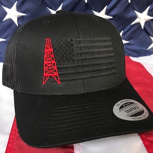 Any colors, oilfield blacked out flag embroidered hat, oil rig baseball cap, oil, roughneck hat, custom baseball cap