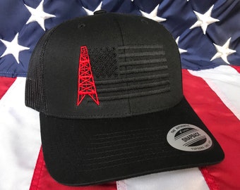 Any colors, oilfield blacked out flag embroidered hat, oil rig baseball cap, oil, roughneck hat, custom baseball cap