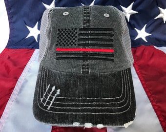 Thin red line Fire fighter American flag, Fire Wife distressed trucker hat, fire cap, Firefighter's wife embroidered red line distressed hat