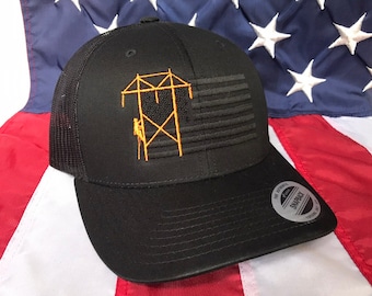 Any colors, orange Lineman blacked out flag embroidered hat, lineman baseball cap, lineman, custom baseball cap, transmission line