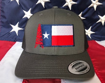 Texas oilfield flag embroidered hat, oil rig baseball cap, roughneck hat, custom baseball cap, dark grey oil hat